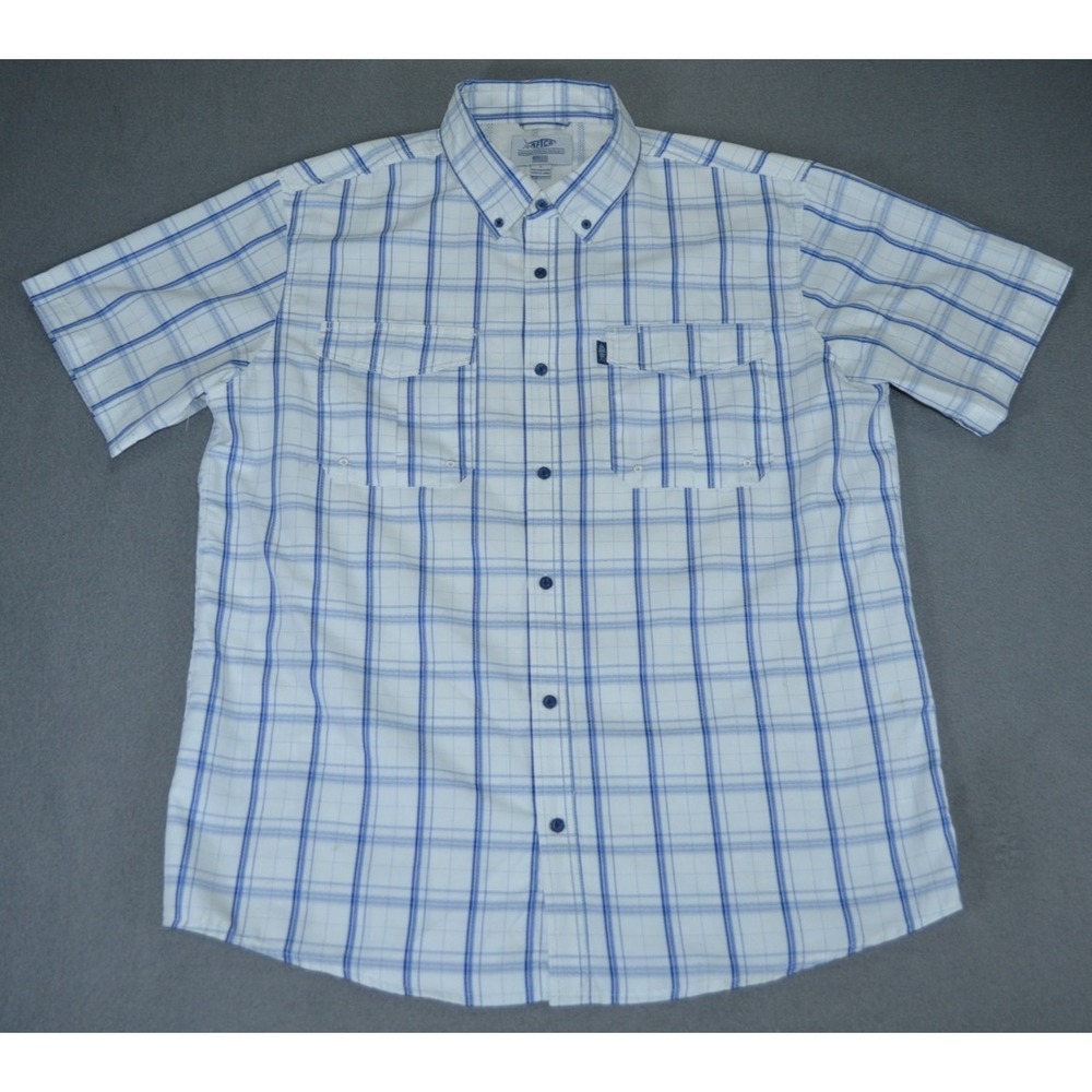 AFTCO Shirt Mens Large Plaid Short Sleeve Button Down Fishing Vented Boating